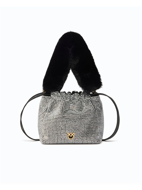 Borsa secchiello a spalla full strass con tracolla effetto pelliccia